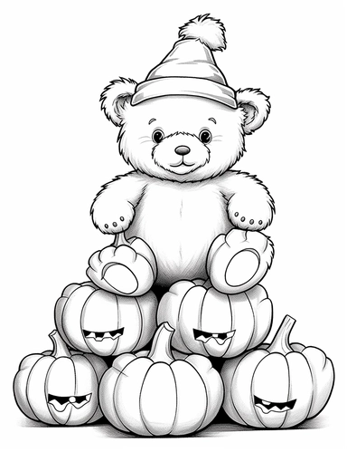 clipart cartoon stack of pumpkins with baby teddy bear in the style of Pierre-Auguste Renior black and white child's coloring book, black and white smooth thick lines, solid white background, no background