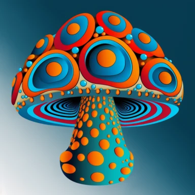 An AI generator could create a 2D, psychedelic mushroom clipart that features a brightly colored, cartoonish mushroom with a bulbous cap, adorned with swirling patterns in shades of bright azure, vibrant crimson, shimmering metallic silver, and brilliant yellow. The stem is thin and twisted, and it too is covered in the same psychedelic patterns, with the addition of metallic silver and yellow. The mushroom is set against a background of swirling colors, giving the overall image a dizzying, trip