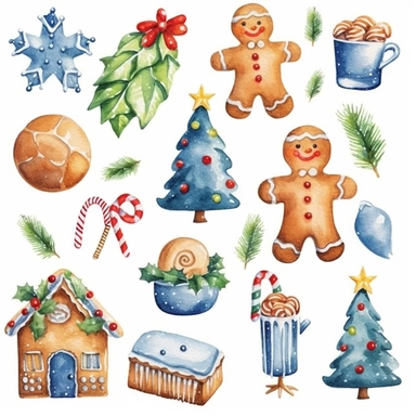 watercolor realistic christmas elements isolated clipart with margins, digital watercolor, realistic, for children’s book, design lovely style, cartoon funny, simple watercolor, white clean background, 8k
