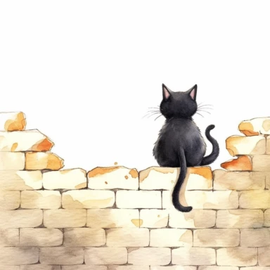 back high level view, cute black cat waiting before mouse whole in wall, illustration, white background, clipart, nursery illustration, illustration for children