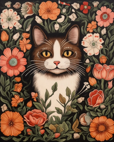 folk art clip art, colored chalk rendering, happy smiling, brown, white and black calico cat in center, full body perspective, with flowers, roses, leaves, pods on a clean white background, extra textured painting, all elements within the boundaries,