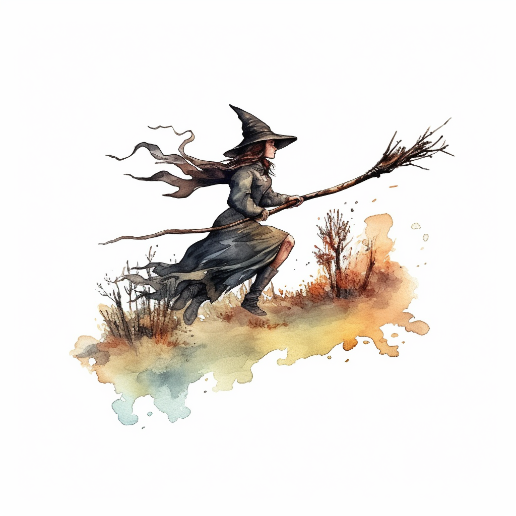 watercolor style, Witch on the broomstick: A long, slender broomstick ...