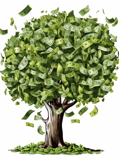 clipart of fictional money tree that could be used to convey to children and young adults that there is no such thing as money grows on trees. This would be illustrated on a white board or cartoon childrens book so the leaves and trunk of the tree do not need to be very detailed but the money protruding from the bushy mass of leaves is the important piece