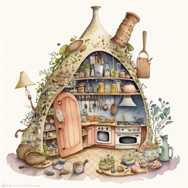 A hyper - detailed illustration watercolor clipart of a whimsical kitchen of a fairy house built out of natural materials by a human, complete kitchen utensil and kitchenware and foods in preparation watercolor illustration, illustration style a combination of Beatrix Potter and Tove Jansson, isolated on white background with margins, cut - out images, zoom on table , close up view