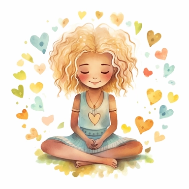girl puts hands on heart, happy face, meditation, full body, sitting, blonde hair, brown skin, flowers on head, simple drawing for a children's book, watercolor, self love, mindfulness, beautiful thoughts,clear white background, handrawn watercolor graphic clipart, 16k