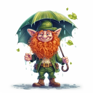 Cute Adorable magical little leprechaun with a cylinder hat and a red beard holds laterally a umbrella in his hand wears a raincape and stand in the rain on a country road, clipart, photorealistic illustration, watercolor, high detail, 8k polished, 8k, vibrant colors, white background