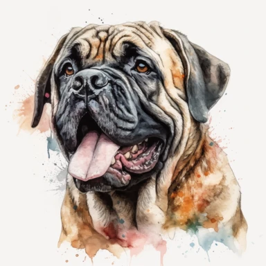 cute English Mastiff dog portrait, full face, centered shot, side shot, dynamically posed, in action, playful mood, happy mood, playing mood, cute face, adorable smile, childlike eyes, clean watercolor illustration, white background, nursery baby imagery, painting, detailed, 8k, PNG, clipart,
