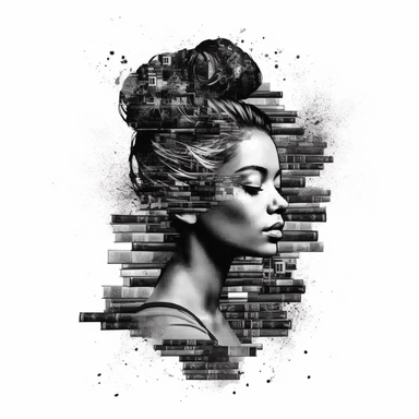 double exposure: a black shape of a beautiful girl's head with a messy bun, inside there is a bookcase with lots of books, clipart, isolated on white background, 4K,
