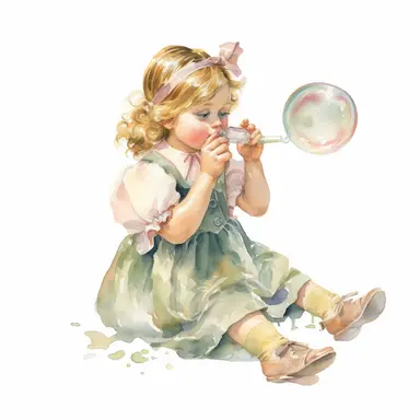 vintage adorable little girl blowing soap bubbles, pastel colors, clipart style, watercolor technique, super high quality, professional watercolor clipart, high resolution