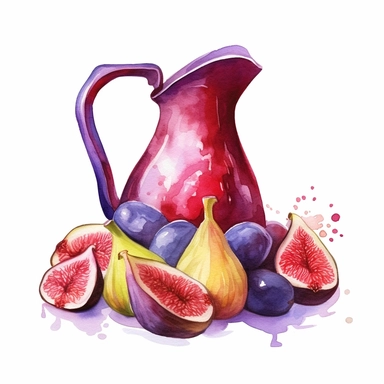 watercolor fig fruits, water pitcher with figs aplique, in the style of uhd image, grid-based, free brushwork, fairy tale illustrations, lively illustrations, sketchfab, light purple and red Clipart desert cartoon t-shirt graphic, vector, contour, isolated on a white background