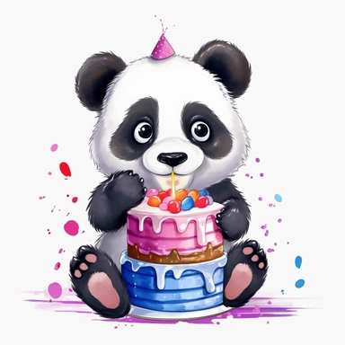 cute cartoon panda with birthday cake illustration clipart, detailed, outline, white background, 4k, digital art, watercolor