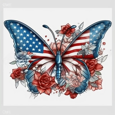 American flag with Butterfly and roses Sublimation Clipart, Cartoon funny, Cute anime, Very detailed, firework fullcolor background