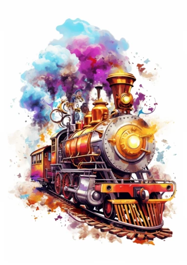 Locomotive Steampunk, big beautiful locomotive, bursting with steam, Steampunk Clipart, Retro Futuristic, Victorian Era Art Print, colorful, details, high quality 8K, white background