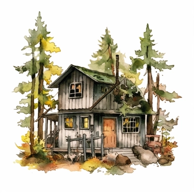 watercolour forest cabin clipart illustration, on an isolated clean white background, with black ink outline and black border, cut out