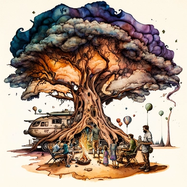 creative composition of a magical realistic illustration of a compassionate, caring and loving family camping and BBQ under a gigantic realistic-looking brain-tree, under galaxy starry night in vintage watercolor style clipart, use darker earth-tones, more darker saturated colors, Banksy artstyle with minimal effects, super creative watercolor, white background