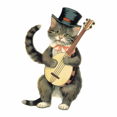 Vintage 1920 Kitten Looking Happy Wearing a Tophat and Playing a Banjo Illustration, Chromolithograph, 1920s Illustration, Vintage, Chromolithograph, Colorful, Antique, Ephemera, Clipart, 8k, Isolated on white