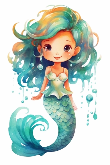 style of pixar and kawaii, mermaid, bright colors, watercolor, cute design, random hair and skin color, clipart
