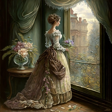 beautiful lady, very detailed, wearing beautiful dress, standing by large victorian window, looking out the window, beautiful romantic bouquet of flowers, beautiful crystal ornate vase, sitting on table with decorative tablecloth, infront of large victorian window with beautiful flowing curtaings, soft colors, crisp colors, ribbon, very detailed, fantasy, romantic, clipart style