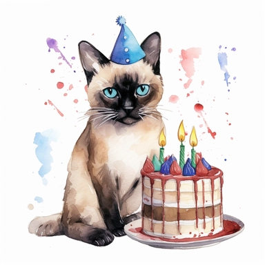 Watercolor, clip art, a siamese cat wearing a party hat and eating cake, birthday, happy face, isolated on a white background