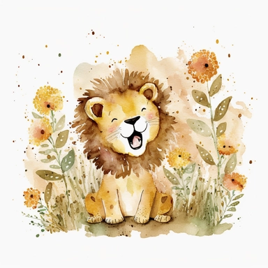 The watercolor clipart illustration shows a baby lion playing in a natural setting. The background is a white space to keep the focus on the cute baby lion. The colors are warm and inviting, with shades of yellow, brown, and white. The baby lion is depicted in a playful and happy way, with its mouth open in a smile and its paws stretched out. This would be a perfect watercolor clipart for kids to enjoy and learn about lions.