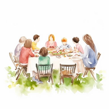 Mother's Day celebrated with family gatherings, draw a family portrait or a group of people having a picnic or dinner together, shot from the back side, clipart, cute colors, light watercolor style, high resolution, white background
