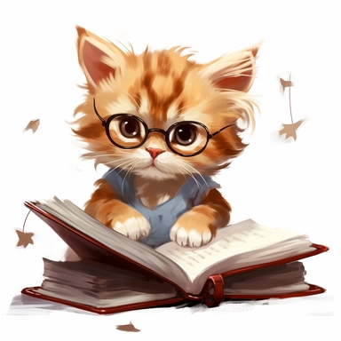 Clipart of a charming kitten engrossed in a story, Hand Drawn Back To School Clip Art, white background