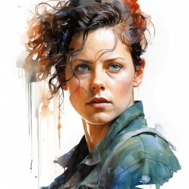 Sigourney Weaver like Ripley, character from movie Alien, watercolor painting, cinematic lighting, clipart, white background