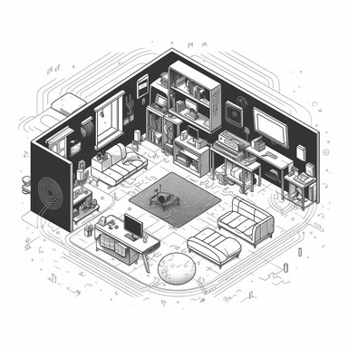 black and white flat abstracted fun modern line-art clipart design illustration of isometric smart home living room with floating data