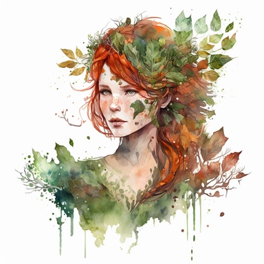 short red hair with bangs female forest fantasy druid watercolor clipart