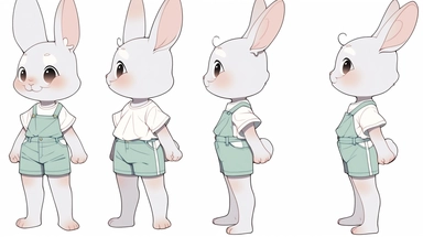 clipart,A cute little rabbit wearing a bright shirt and shorts+three Kans, with three perspectives on the front, side, and back, in different poses. The little rabbit has a small and cute body, with furry white fur and a pair of long ears. Its bright black eyes exude a clever and curious expression. A mischievous expression, he often wears bright shirts and shorts, full of vitality.clipart style, full body with both feet, painting, illustration, style, beautiful cartoon style, three images