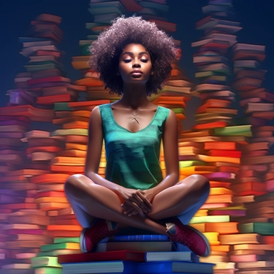 imagination, Clipart illustration of afro cosmepolitian woman sitting on top of books, realistic in the style of nene thomas, 100k background, Abstract, Colorful, beautifully color - coded, beautifully color graded, Unreal Engine, Cinematic, Color Grading, Editorial Photography, Photography, Photoshoot, Shot on 70mm lense, Depth of Field, DOF, Tilt Blur, Shutter Speed 1/ 1000, F/ 22, White Balance, 32k, Super - Resolution, Megapixel, ProPhoto RGB, VR, Lonely, Good, Massive, Halfrear Lighting, Ba