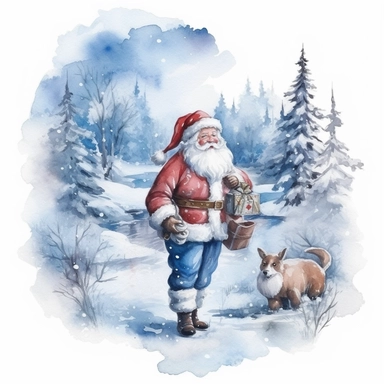High resolution Christmas theme Watercolor Cute santa claus wearing blue Clipart Collection in beautiful winter landscape with a lot of snow and a small lake, christmas theme, detailed, isolated, white background, one pattern 8k