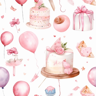 A cute collection on white with margins of birthday icon birthday cake, balloons, hearts, flowers, presents, watercolor, vector, clipart, elaborate, ultra - detailed, soft colors, rose gold and pink high definition, UHD