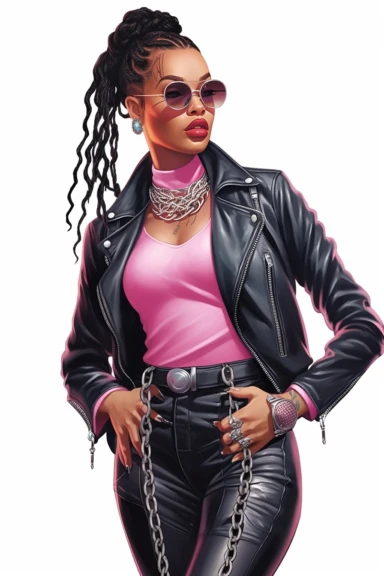 Illustration detailed clip art illustration on a white background, pose full length model black woman Musier Paris Kelsey biker jacket and chocker with body jewelry, long thick braided hair, cute nose, makeup, lips fashion pink, elegant classy, shiny colors, hyper details sticker art, elegant, modeling,