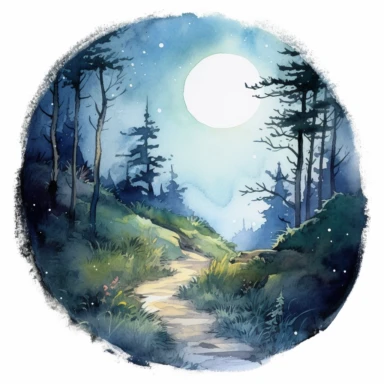 watercolour clipart showing a moonlit hiking trail