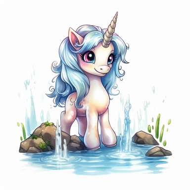 cartoon Unicorn, Cascading Waterfall, Big Eyes, cartoon, watercolor, professional clipart, white background, neat, clean