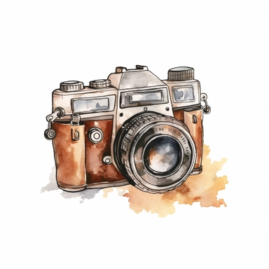 camera, Digital sticker style, travel gadgets, watercolor, clipart, aesthetic, minimalistic, neutral colors