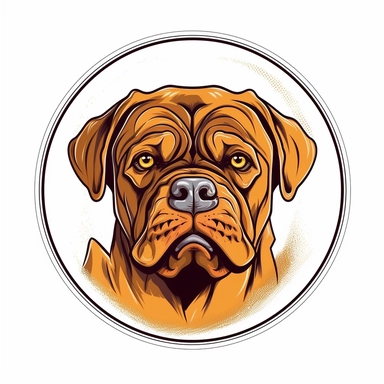 logo, ink drawing Dogue de Bordeaux , head, facing front, cute, circle frame, cartoon clipart, vector, bold line, white isolated background, high definition