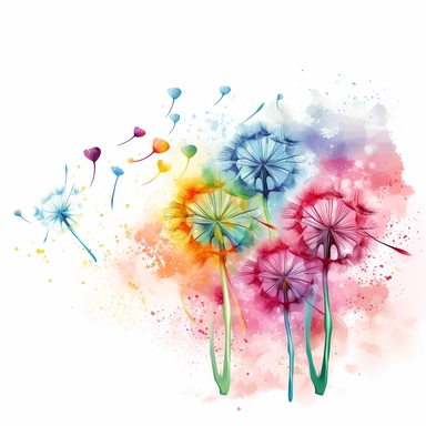 full head dandelions blowing in the wind. Paint Splashes on white background. Pink, purple, yellow, turquoise, green. Clipart