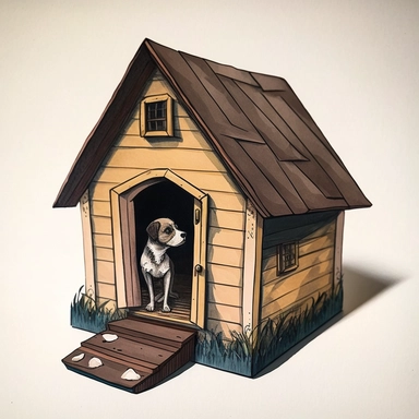Full front view of doghouse CLIPART, ink and very light gouache clean sketch