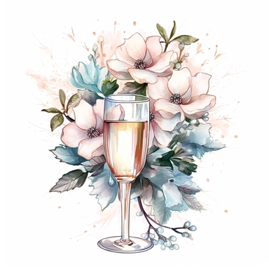 glass Champagne and Christmas Flowers style by Lucy Fleming, watercolor, smooth gradients, black contour outline, ultra detailed, clipart elements, delicate pastel colors, solid white background, super clear, high quality