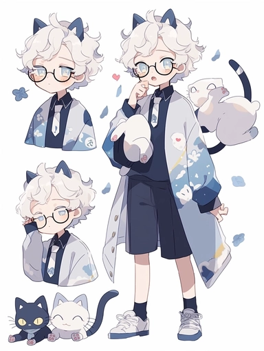 detailed character sheet, multiple poses and expressions, solid white background, character design, hyper detailed, fine detailed, reference sheet, full body, cat boy, age 16, cute Hair clips at the bangs (two clips ,making the equal sign), Messy curly medium short length hair, Glasses, band-aid patch that makes a multiply sign, Ivory White hair with dark blue roots, Ivory White tail with electric blue end, Electric blue eyes with plus sign sparkles, strip of blue in white hair, character refere