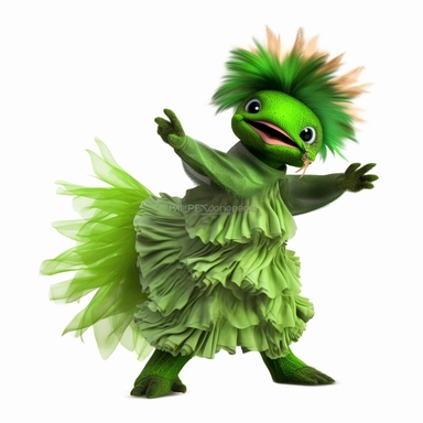 green baby girl Godzilla, looks like an alien, doing high step dance moves, wearing a designer dress made from Phoenix feathers , ultra high fashion, wearing ruby neck scarf, techno lighting, disney cuteness, plain white background, cutout clipart