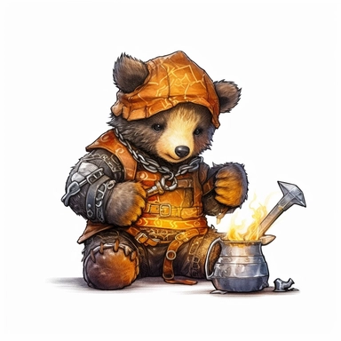 Adorable cute fantasy Teddy bear dressed like a blacksmith, nursery art, clipart image, lineart image, white background, very detailed, 8k
