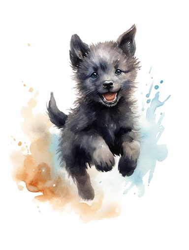 cute happy black wolf cub running, pastel watercolor, clipart, solid background