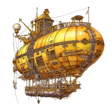 Steampunk airship image, steampunk, intense colors, luxurious, victorian, clipart, watercolour, mustard yellow watercolor, white background, detailed