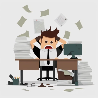 create a clipart for a presentation showing employee sitting behind the desk. The employee has 5 arms and is working frantically. Papers and documents are piling up on his desk. View from behind. White background