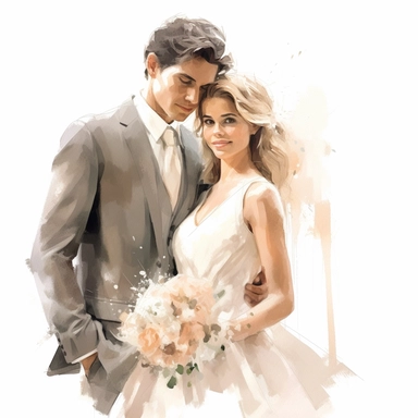 Wedding bride and groom, clipart, white background, in the style of elegant realism, muted and subtle tones, detailed painting, transparency and lightness