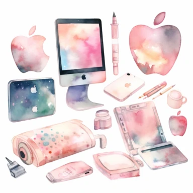 iMac, iphone, ipad, iphone icon clipart, watercolor, sticker icon set, isolated white background, hand painting , single design, pink, cream, pastel cream, sharp, bold