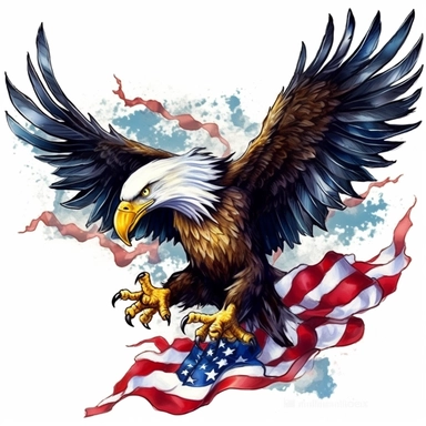 Eagle spread their wings and their feet pounce clipart, and and the American flag blends in with the eagle's feathers, watercolor Illustration clipart, 4K, extremely detailed Sublimation Clipart,Cartoon,hyper realistic, intricate detail, illustration style,high solution,on the white background